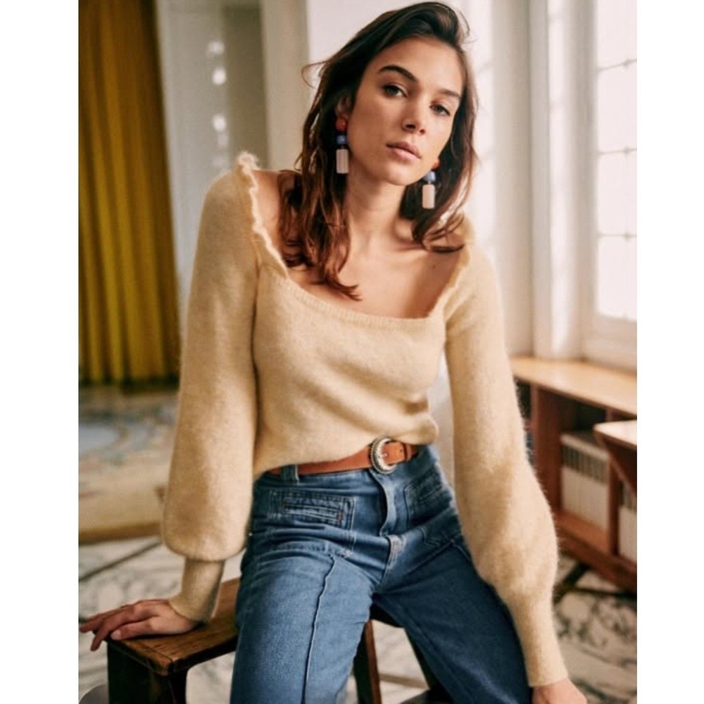 Sezane Mila Sweater in Beurre, Ruffled Square Neck Mohair Balloon Sleeve Sz XS